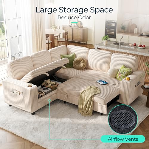 Image of LINSY HOME 81 inch Modular Sectional Couch with Pull Out Bed, L Shaped 5 Seats Sofa with Storage Loveseat, Corduroy Convertible Sofa Bed, USB, Cup Holders, Side Pocket, Sleeper Sofa for Living Room, Beige