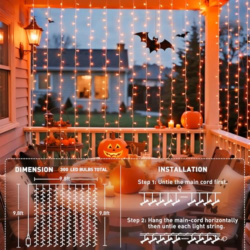 Image of JMEXSUSS 300LED Orange Halloween Curtain Lights with Remote, 9.8x9.8ft
