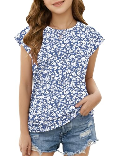 Girls Cute Short Cap Sleeve T Shirts Teen Casual Kids Summer Clothes Crewneck Tee Top 5-14 Years Gray Blue Flower M