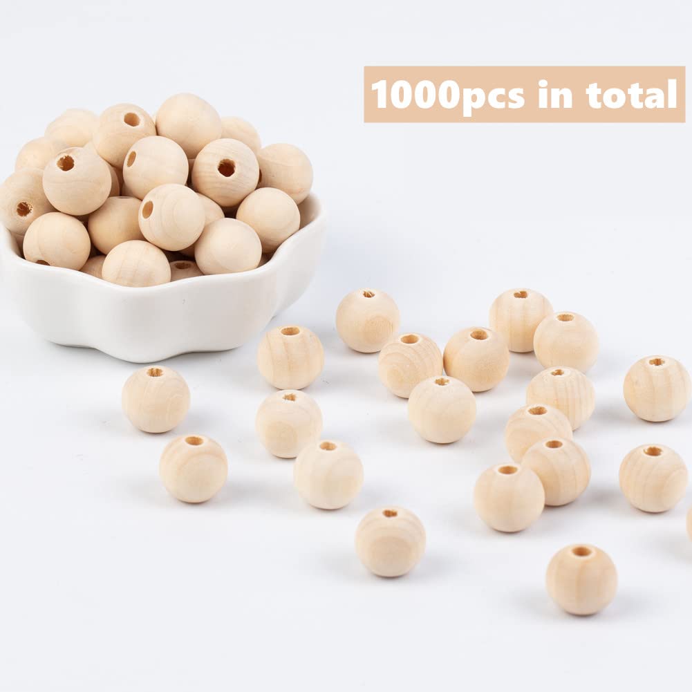 PH PandaHall 1140 cuentas de madera redondas naturales de 14 mm, cuentas espaciadoras de madera para manualidades, bricolaje y joyería
