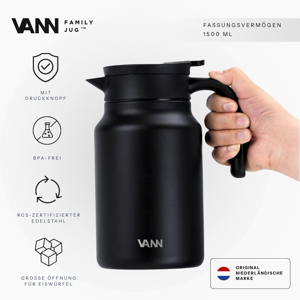 VANN Thermoskanne 1,5l - 3-fach Isolierkanne [24h warm, 36h kalt] | Thermoskanne aus zertifiziertem Edelstahl [BPA-frei] - Ideal als Teekanne oder Kaffeekanne - Auslaufsicher - Schwarz