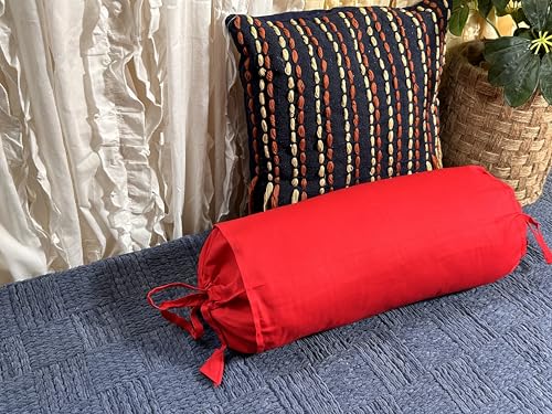 SAFFRON HANDICRAFTS 2 Pcs Cervical Neck Roll Pillow Cover with Drawstring Closures Round Neck Roll Pillow Case Cotton Bolster Pillowcases for Cylindrical Cushion (Red, 6X 20 inch (15 x 50.5 cm))