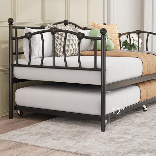 Image of GarveeHome Twin Daybed with Trundle, Metal Sofa Bed Frame with Steel Slat Support, Twin Size Space-Saving Furniture for Living Room, Bedroom, Love Heart Design, No Box Spring Needed, Black | With Steel Slat Support, Twin Size Space-Saving Furniture for Living Room, Bedroom, Love Heart Design, No Box Spring Needed