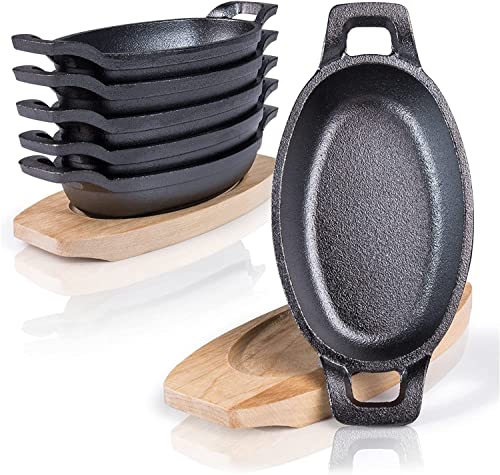 Amazy Poêles avec dessous de verre en bois (lot de 6) - Poêle en fonte pour gratiner, cuire, griller et servir des plats | Poêle/poêles en fonte