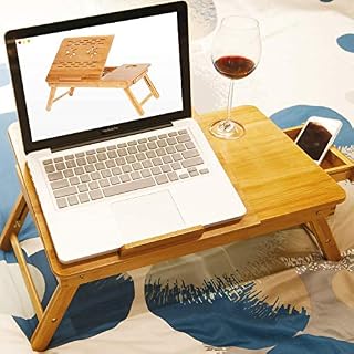 E2B® Bamboo Laptop Desk, Foldable Bed Table, Laptop Table, Height Adjustable Sofa Tray with 5 Tilting Angles, Air holes, Small Drawer, 55 x 35 x 29 cm