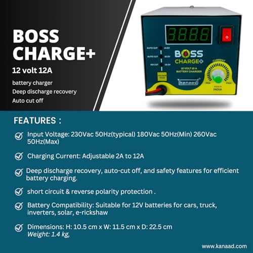 Image of Boss Charger Plus - 12Volt Fully Automatic 2A to 12A Battery Charger for Bike, Car and Inverter Battery with Digital Display, Full Charging Indication, Deep Discharged Battery Revival