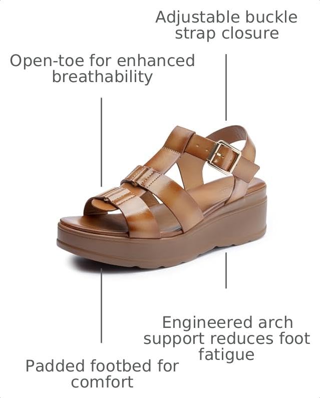 Image of Platform Sandals Women Chunky Wedge Sandals for Women Comfortable | Women's Flat Summer Shoes Round Open Toe with Arch Support Wide Strap Faux Leather Wedges for Beach Camping Travel Office