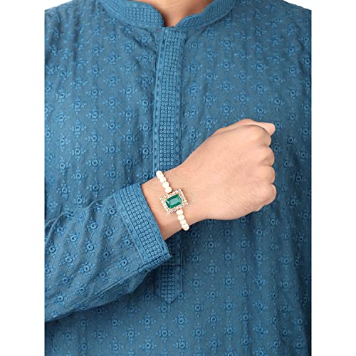 Image of Peora Rakhshabandhan Thread Rakhi for Brother Bhaiya | Kundan Beads & Crystal Studded | Combo Set of 2 | Rakhi Hamper Roli Chawal & Greeting Card