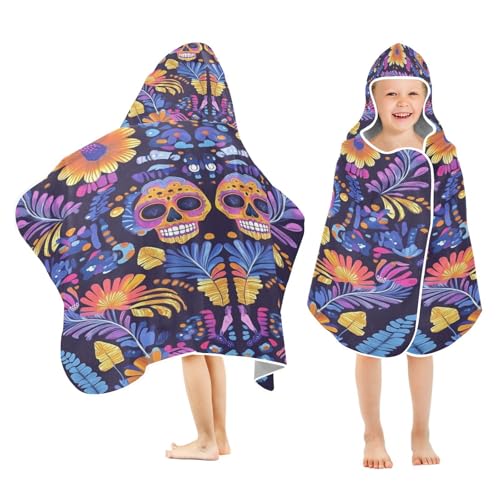 Kigai Skull Flower Hooded Beach Towel for Kids Soft Absorbent Quick Dry Bath Towel with Hood Lightweight Toddler Shower Pool Bath Wrap for Boys Girls