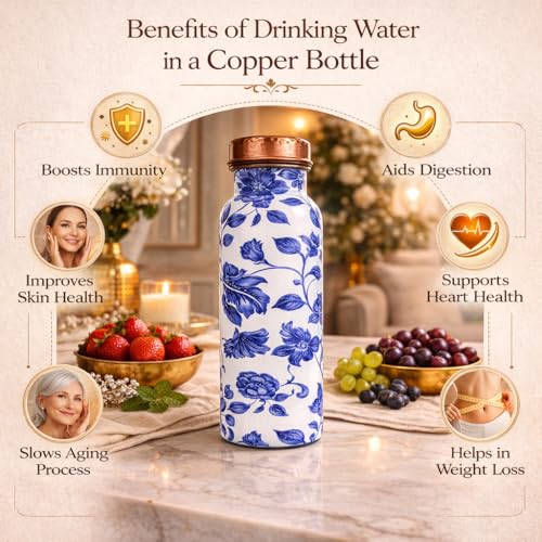 Image of JAIPUR ACE Hammered Pure Copper Water Bottle with Glass Set | 100% Copper Bottle Set | Leak Proof, Ayurvedic Health Benefits, Premium Design Gift Set for Home, Office, Gifting (Royal Blue Floral)