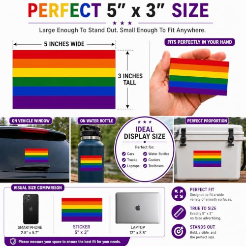 Image of Pride Flag Vinyl Flag Stickers, Car Decals, Waterproof Indoor Outdoor, Laptop Stickers, Car Bumper, LGBTQ, Gay Flag, 5 x 3 Inches, Set of 3