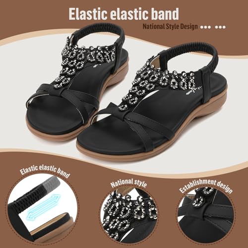 Image of Littleplum Womens Sandals Arch Support Slingback Rhinestone Dressy Sandals Comfort Summer Shoes Ankle Strap Elastic Flats for Beach Walking