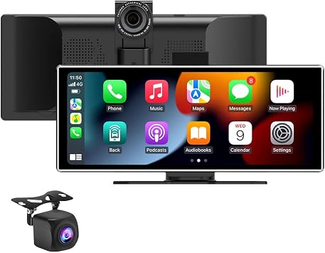 11.26" Wireless CarPlay Screen for Cars, Apple CarPlay & Android Auto, Portable HD Touchscreen with 4K Dash Cam, 1080P Backup Camera, Bluetooth, Mirror Link, Voice Control
