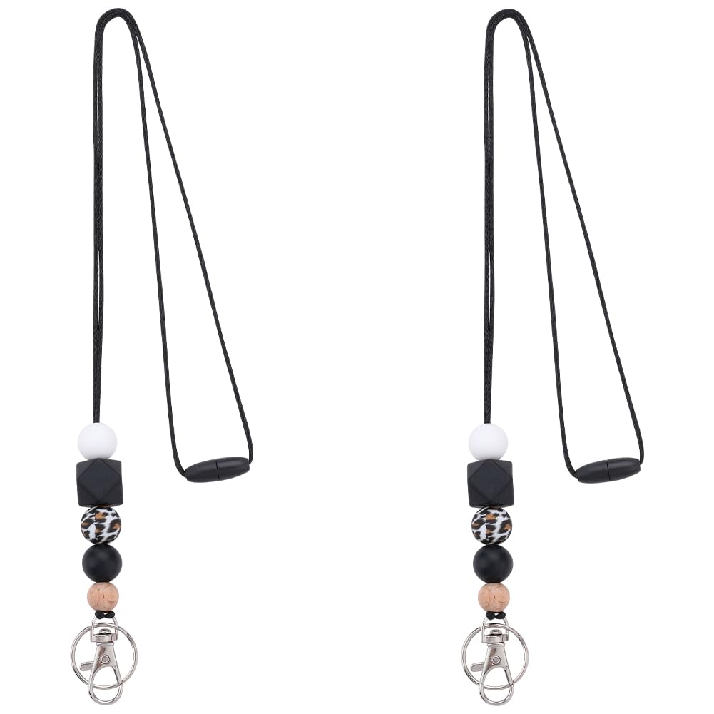 GORGECRAFT 2PCS Beaded Keys Lanyard Cute Silicone Neck Strap Card holder Strap Cord Breakaway Lanyards with Keychain for ID Badges Keys Women Nurse Teacher Necklace Office Employees Students Black