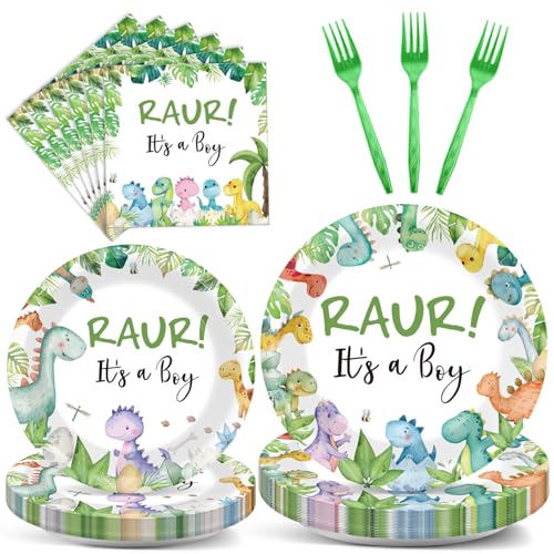 100Pcs Dinosaur Baby Shower Party Decorations for Boy Dino Paper Plates and Napkins Set Dino Birthday Dinner Tableware Decorations Dinosaur Rawr Its a Boy Baby Shower Birthday Party Supplies Serves 25