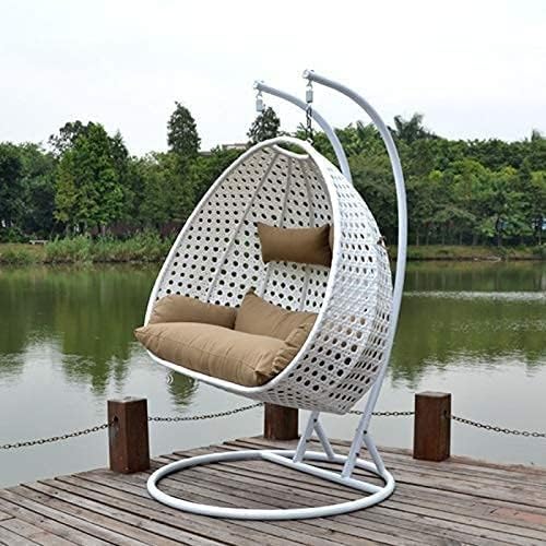 Image of OMANSH Double Seater Swing Chair with Stand & Cushion & Hook Outdoor || Indoor || Balcony || Garden || Living Room (White-Brown)