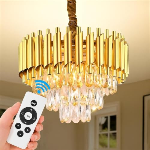 Image of Modern Ceiling Lamp 3-Tier Round Crystal Chandelier for Living Room | Bluetooth Remote Control and Moving Round| Speaker+ Multi Color LED Light (Remote Full Gold, 400MM)