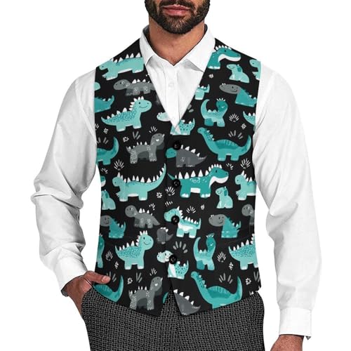 Dinosaurs Cute Suit Vest for Men Slim Fit Sleeveless Jacket V Neck Business Waistcoat Button Up Dressy Top