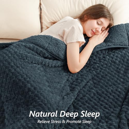 Image of Mr. Sandman Weighted Blankets for Adults Queen Size 20lbs, Warm Sherpa Fleece Throw Blanket for Sleep and Calm, Soft Cozy Heavy Bed Blanket with Jacquard Flannel, 60 x 80 Inches, Midnight Blue