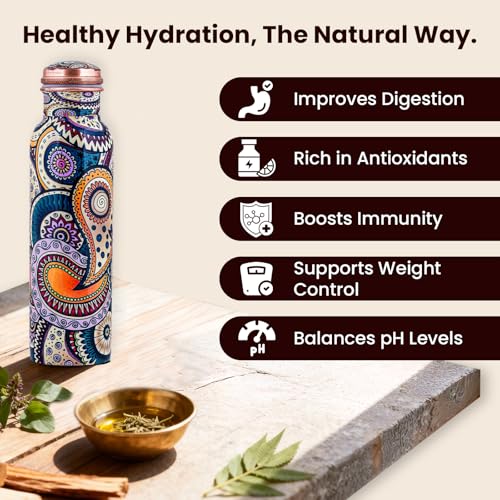 Image of Craft Trade Pure Copper Water Bottle 32 oz / 950ml with Traditional Paisley Ethnic Print | Leak Proof Ayurvedic Healing Copper Flask for Sports, Fitness & Gifting