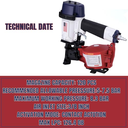 Image of American Style CN45N Roofing Nailer, 15 Degree Roofing Nail Gun, 3 /4-Inch to 1-3 /4-Inch Coil Nails, 120-pcs Load Capacity Coil Nailer