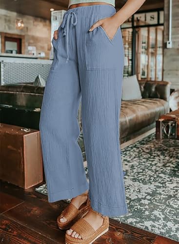 Casual Womens Drawstring Waist Crinkled Straight Wide Leg Pants with Pockets2