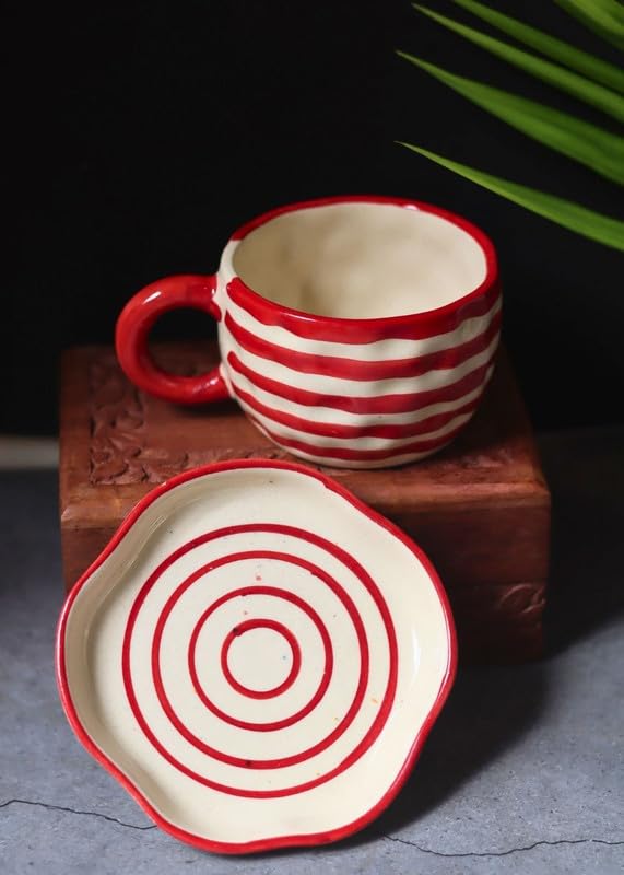 Image of WEAVING HOMES Handcrafted Ceramic Mug & Dessert Plate (Set of 2, Multicolor) - Coffee Mugs and Dessert Plates for Birthday Gifts, Mugs for Office and Travel