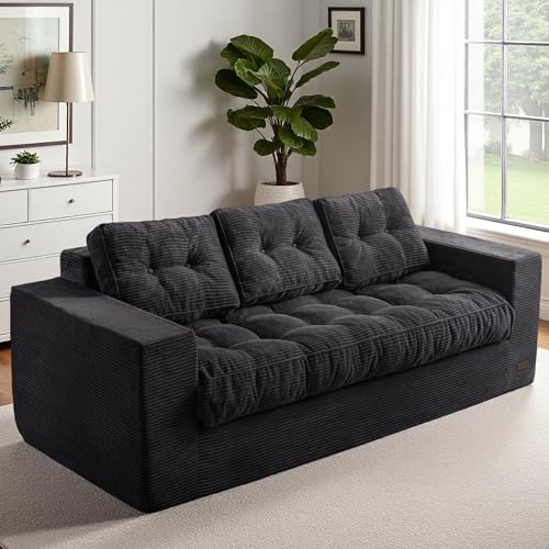 Image of MAXYOYO Loveseat Sofa Couch, Upholstered Bean Bag Chair Cloud Seat for Adults, Boneless Couch with Cushion & Pillows, Sofa in A Box, No Assembly Required, Corded Black, 3-Seat