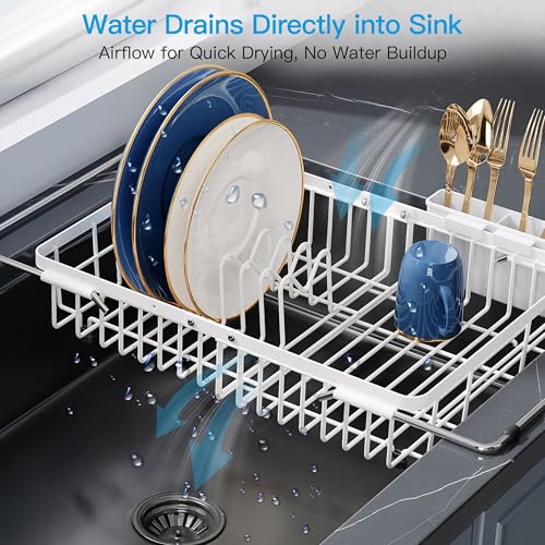 Image of JASIWAY White Dish Drying Rack Over the Sink with Utensil Holder