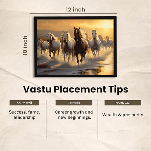 Image of 9 Running Horses Vastu Framed Wall Art Painting | Strength & Forward Energy Nine Horse Painting With Frame for Living Room, Home & Office, 10x12 Inch