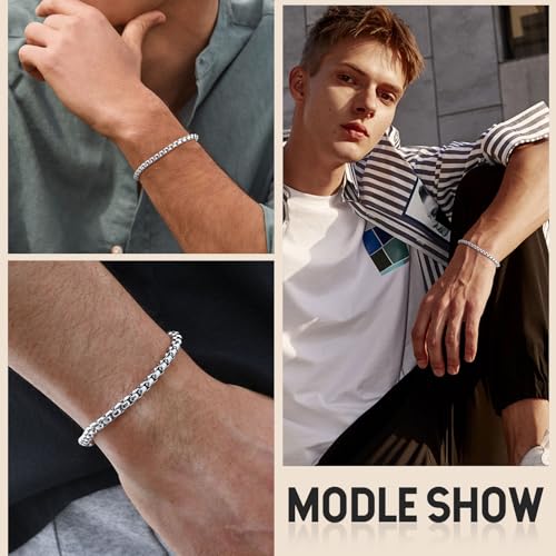 VNOX Box Chain Bracelet for Men Women - Simple Metal Mens Bracelets Square Rolo Link Round Box Chain Black Stainless Steel Bracelets Jewelry Gifts for Boyfriend4