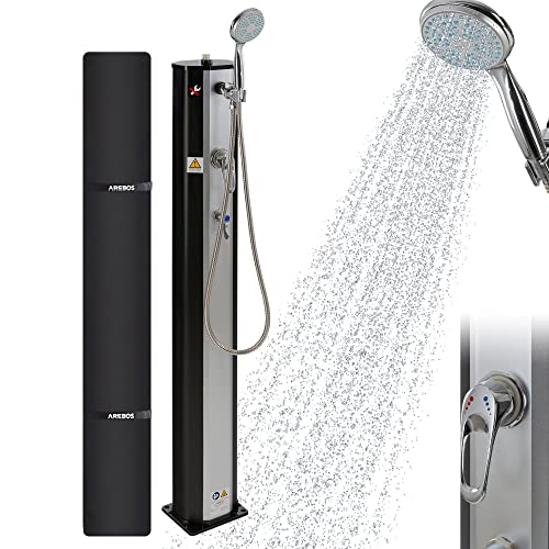 Arebos Ducha Solar | 20 Litros | 123Cm | Incl.portada | Cabezal De Ducha Redondo | Función De Rociado | Ducha De Jardín Con Conexión Para Manguera De Jardín | Incluye Material De Montaje | Plata-Negro