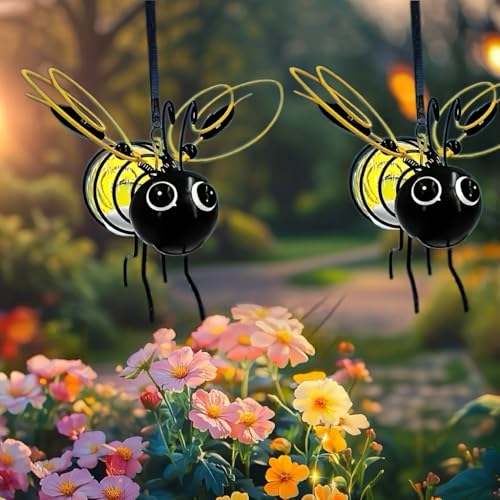 Solar Bees Lights Outdoor 2025 New Hanging Solar Garden Bee Outdoor Patio Garden Decor Simulation Bumble Solar Light for Christmas, Yard, Patio, Porch (yellow-2pcs)