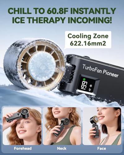 Image of Portable Handheld Fan with Ice Cooling, 7.5m /s High Speed Turbo Fan, 150 Foldable 4-in-1 Personal Neck Fan, 199 Speed Stepless Control, USB-C Rechargeable for Travel, Makeup, Hiking, Black Gold