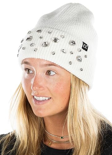 Funky Junque Bedazzled Rhinestone Beanie for Women Sparkly Embellished Soft Stretchy Knitted Winter Hat Warm Stylish - Rhinestone Crystal - White