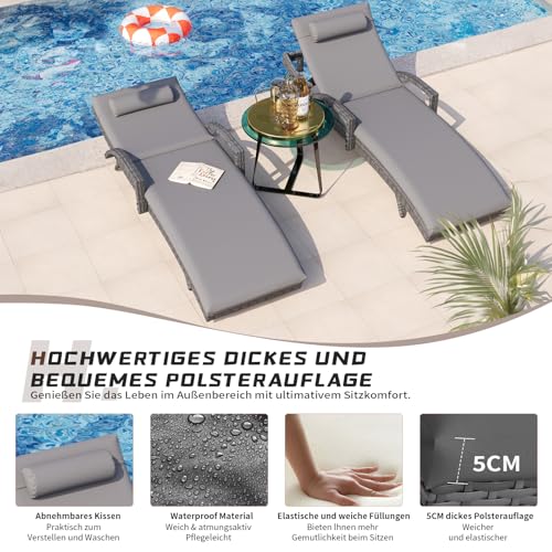 Image of UDPATIO Polyrattan Sun Lounger, 5-Way Adjustable Backrest, Garden Lounger, Weatherproof Rattan Lounger with Cushion and Pillow for Garden, Balcony and Patio, Mottled Grey & Grey Covers