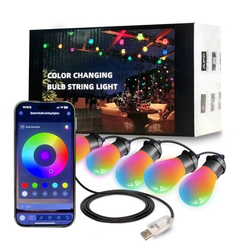 Honche Smart Outdoor String Lights, 36FT Outdoor Lights with 15 Dimmable RGB LED Bulbs, Color Changing 213 Scene Modes for Patio, Backyard, Garden,Balcony, Camping,Waterproof,Remote/APP Control,USB