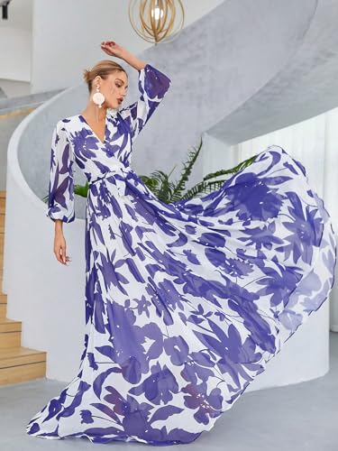 Image of TOLEEN Summer Casual Dresses for Women 2024 Spring Fashion Boho V Neck Long Sleeve Ruffle Floral Print Elegant Maxi Dress