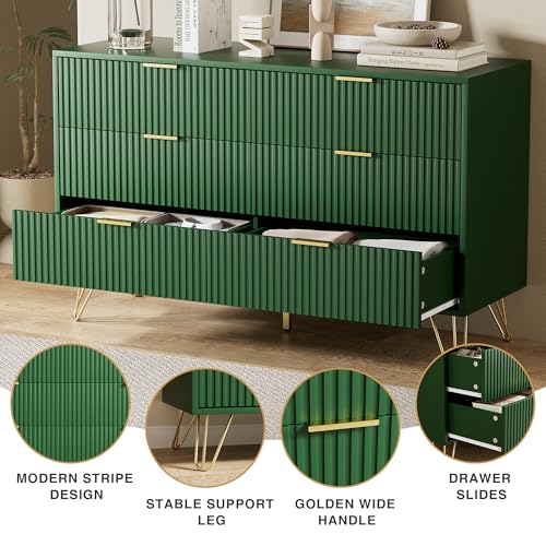 Image of Furniway Green Dresser for Bedroom, Modern Dresser with Gold Metal Handles & Chests of Drawers for Bedroom, 15.7 inch D x 47.2 inch W x 29.5 inch H