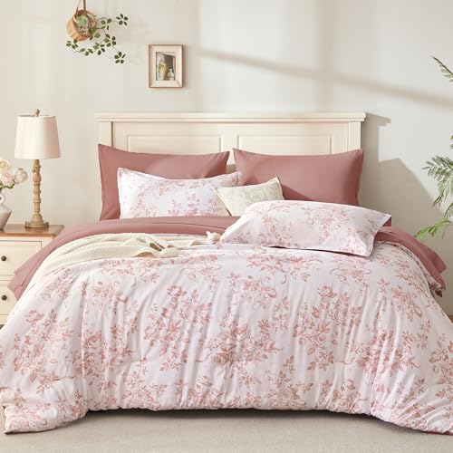 Image of Andency Floral Comforter Full Set, 7 Pieces Pink Rose Flower Bedding Set