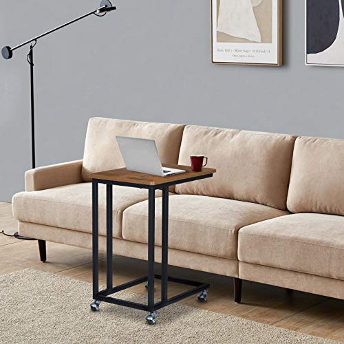 KINGSO C Table Rolling TV Tray End Tables Living Room Sofa Side Table Under Couch Table Industrial Moible Snack Table for Coffee Laptop Eating Portable Little Bedside Table, Rustic Brown - Thumbnail 5