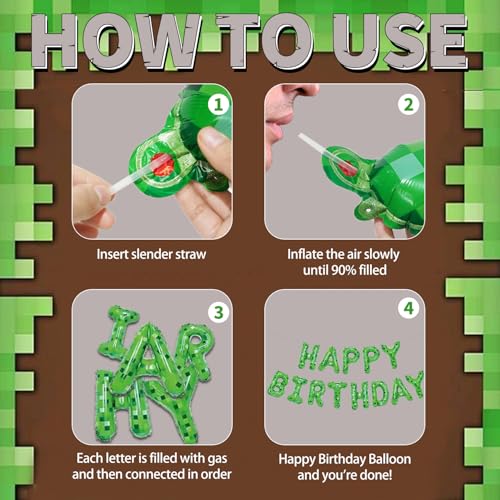 Image of Green Pixel Miner Theme Happy Birthday Balloons Banner 16 Inch Letters, Inflatable Party Decor and Birthday Decorations for Women, Men, Boys & Girls Kids and Adults, Party Supplies
