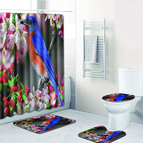 XUEPINGyd 4 Stück Badematte Sets (Duschvorhang+Rutschfeste Badezimmer Teppich+Teppichboden+WC-Sitzbezug) 5 Vogel Muster…