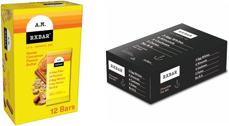 RXBAR A.M. Protein Bars, Honey Cinnamon Peanut Butter, 23.2oz Box (12 Bars) + RXBAR Protein Bars, 12g Protein, Chocolate Sea Salt, 22oz Box (12 Bars)