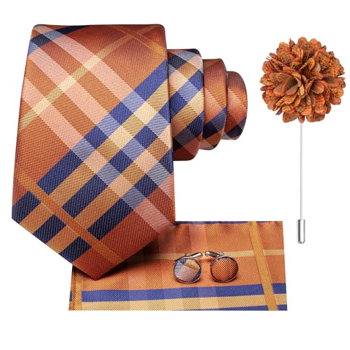 Hi-Tie Mens Silk Ties Lapel Pin Handkerchief Cufflinks Set Striped/Paisley/Floral Necktie Sets Wedding Business Party,Orange Navy Plaid