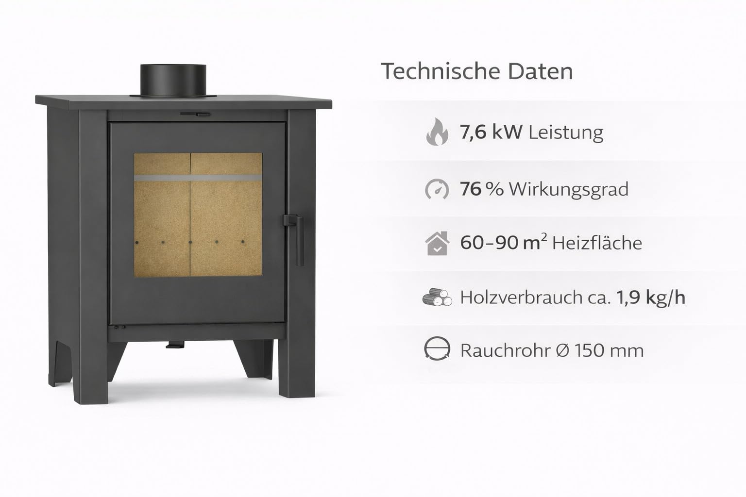 NEMAXX® H8 Belüfteter Holzofen Kaminofen Schwarz 7,6 kW 50–90 m² Warmluftgebläse Tangentiallüfter 2 Stufen Primär-/Sekundärluft EEK A 76% Ø 150 mm Vermiculite-Auskleidung Keramikglas 850 °C