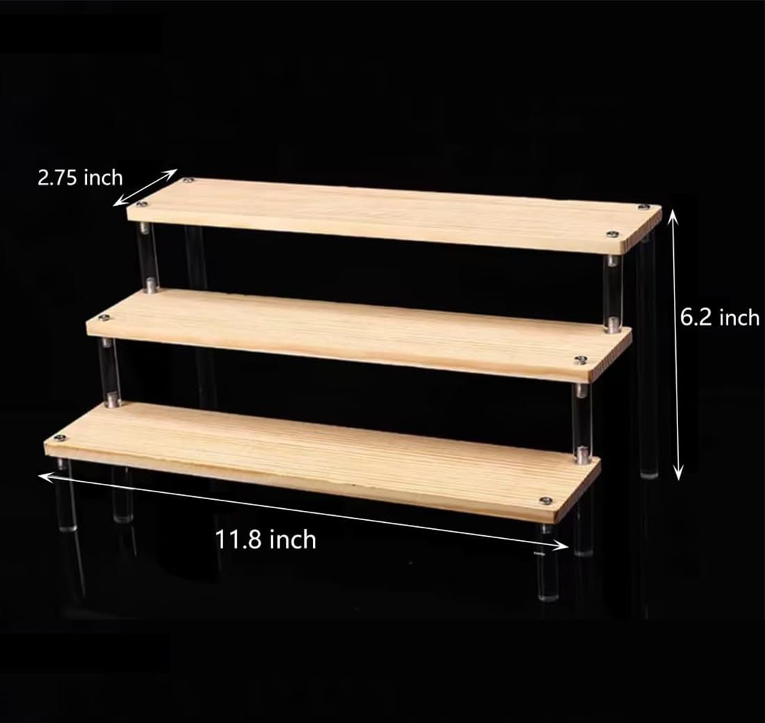 BYCY 2pcs Wooden Display Riser Stand,3 Tier Counter Shelf Spice Rack Organizer for Perfume Makeup and Dolls Collection, Step Ladder Cupcake Risers for Desserts Candies Craft Figurines (3T2P-M)