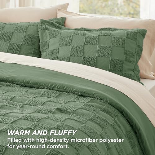 Image of Bedsure King Size Comforter Set Green, Boho Tufted Bed Set, Checkered Farmhouse-Style Distressed Vintage Bedding, 3 Pieces, 1 Plaid Geometric Comforter and 2 Pillow Shams