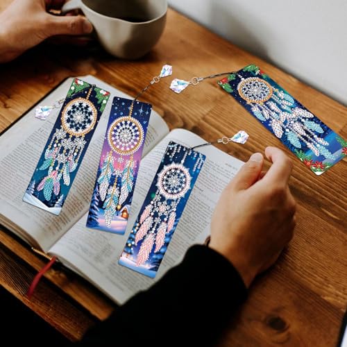 Image of 4 Pieces 5D Diamond Painting Bookmarks for Adults, Dreamcatcher Rhinestone Bookmarks with Tassels, DIY Handmade Diamond Art Bookmark Craft Kit, Unique Book Marks Set for Book Lovers