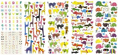 ALLYDREW 3D Puffy Adhesive Stickers Puffy Stickers for Crafts & Scrapbooking (5 Sheets) - Letters, Numbers, Elephants, Cats, Giraffes, Dogs